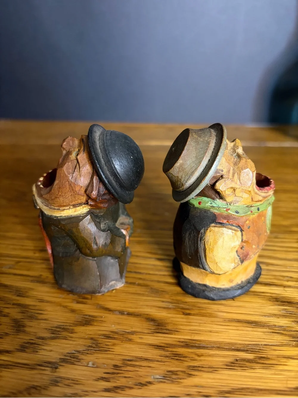 Vintage ANRI Style Carved Wood Big Mouth Toothpick Match Holder Set